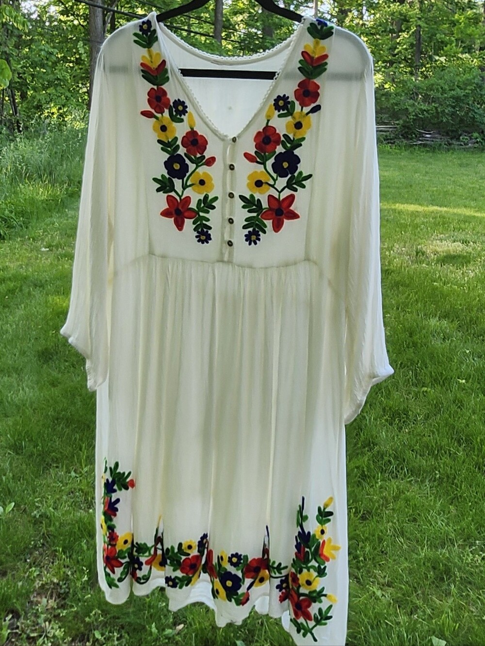 Boho Embroidered Floral Peasant Dress Womens L Festival Cottagecore Midi